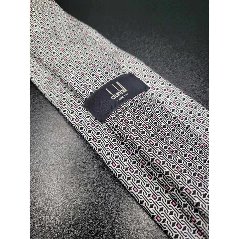 Dunhill Men's Necktie Silver Geometric Silk 3.75" x 58" Excellent